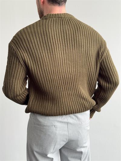Erkek Premium Kalite Selanik Örgüsü Bisiklet Yaka Oversize Triko Kazak-Haki(E1201)