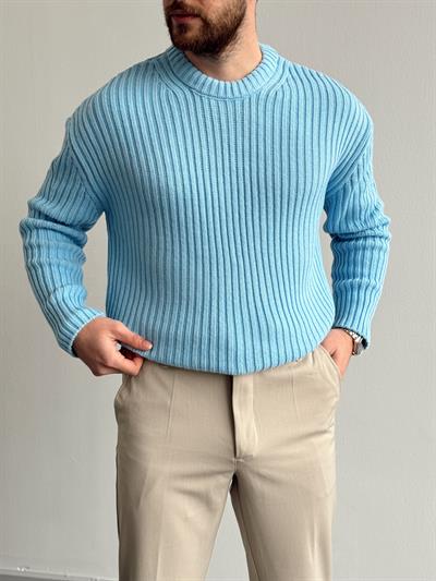 Erkek Premium Kalite Selanik Örgüsü Bisiklet Yaka Oversize Triko Kazak-Bebe Mavi(E1201)Ketench