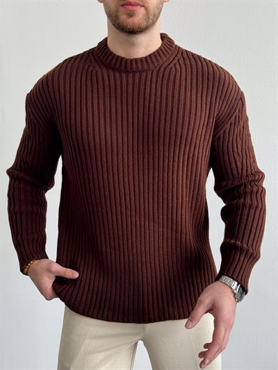 Erkek Premium Kalite Selanik Örgüsü Bisiklet Yaka Oversize Triko Kazak-Kahverengi(E1201)