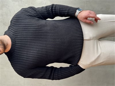 Erkek Premium Kalite Selanik Örgüsü Bisiklet Yaka Oversize Triko Kazak-Siyah(E1201)