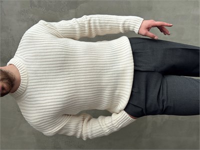 Erkek Premium Kalite Selanik Örgüsü Bisiklet Yaka Oversize Triko Kazak-Krem(E1201)