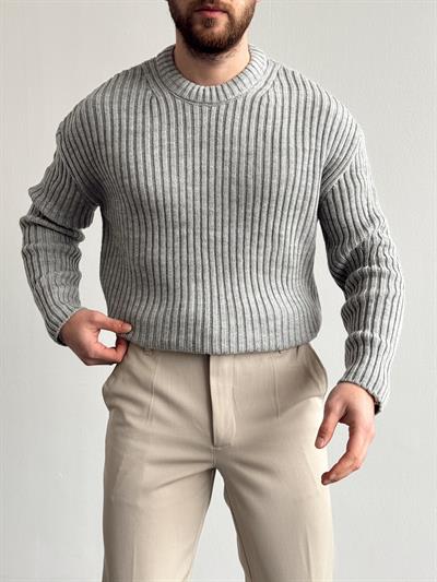 Erkek Premium Kalite Selanik Örgüsü Bisiklet Yaka Oversize Triko Kazak-Gri(E1201)
