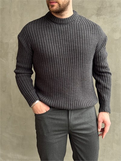 Erkek Premium Kalite Selanik Örgüsü Bisiklet Yaka Oversize Triko Kazak-Füme(E1201)