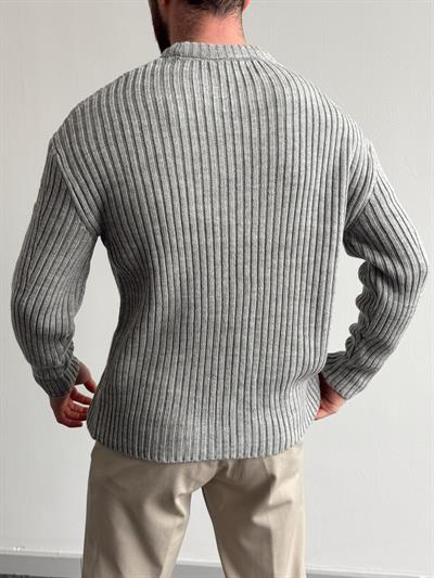 Erkek Premium Kalite Selanik Örgüsü Bisiklet Yaka Oversize Triko Kazak-Gri(E1201)