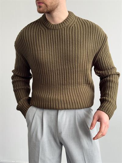 Erkek Premium Kalite Selanik Örgüsü Bisiklet Yaka Oversize Triko Kazak-Haki(E1201)