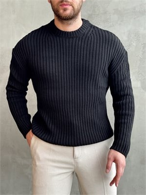 Erkek Premium Kalite Selanik Örgüsü Bisiklet Yaka Oversize Triko Kazak-Siyah(E1201)