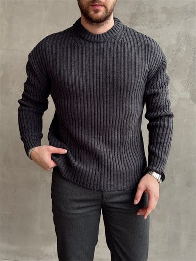 Erkek Premium Kalite Selanik Örgüsü Bisiklet Yaka Oversize Triko Kazak-Füme(E1201)