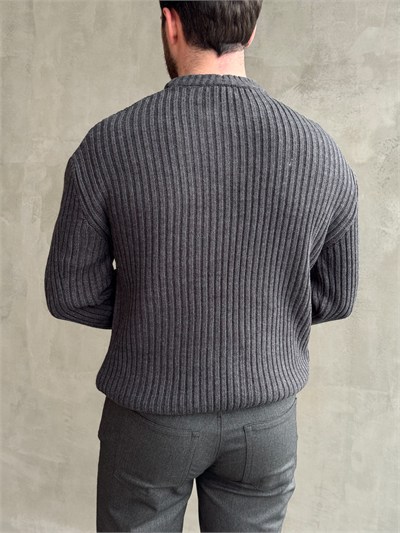 Erkek Premium Kalite Selanik Örgüsü Bisiklet Yaka Oversize Triko Kazak-Füme(E1201)