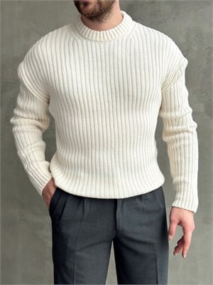 Erkek Premium Kalite Selanik Örgüsü Bisiklet Yaka Oversize Triko Kazak-Krem(E1201)