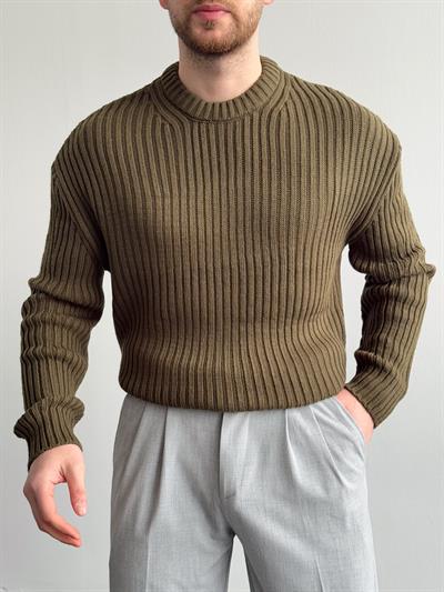 Erkek Premium Kalite Selanik Örgüsü Bisiklet Yaka Oversize Triko Kazak-Haki(E1201)Ketench