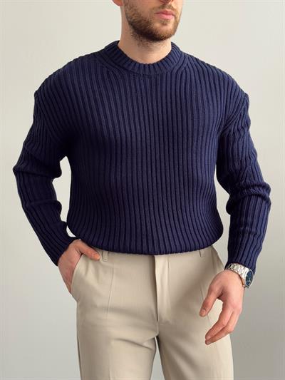 Erkek Premium Kalite Selanik Örgüsü Bisiklet Yaka Oversize Triko Kazak-Lacivert(E1201)