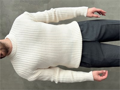 Erkek Premium Kalite Selanik Örgüsü Bisiklet Yaka Oversize Triko Kazak-Krem(E1201)