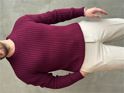 Erkek Premium Kalite Selanik Örgüsü Bisiklet Yaka Oversize Triko Kazak-Bordo(E1201)