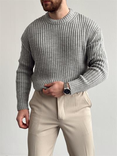 Erkek Premium Kalite Selanik Örgüsü Bisiklet Yaka Oversize Triko Kazak-Gri(E1201)