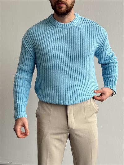 Erkek Premium Kalite Selanik Örgüsü Bisiklet Yaka Oversize Triko Kazak-Bebe Mavi(E1201)