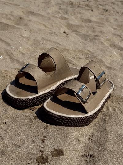 Erkek Premium Kalite Süet Deri Double Strap Leather Sandalet-Bej(E1358)Ketench