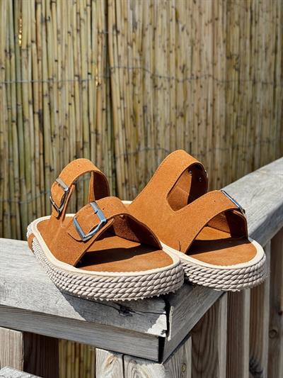 Erkek Premium Kalite Süet Deri Double Strap Leather Sandalet-Taba(E1358)