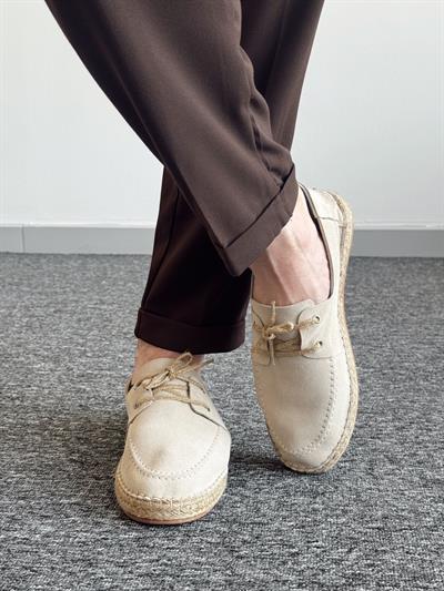 Erkek Premium Kalite Süet Deri Hasır Bağcık Detay Loafer Ayakkabı-Krem(E1346)Ketench