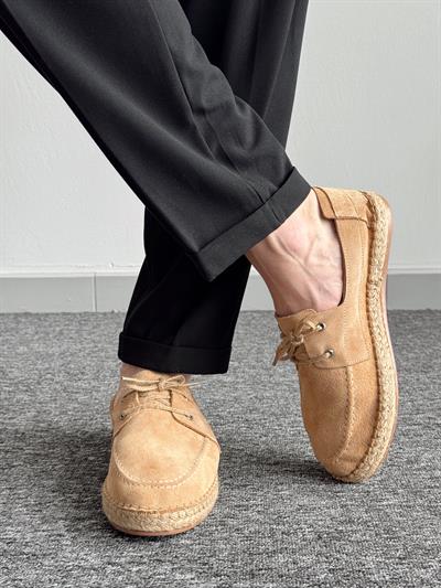 Erkek Premium Kalite Süet Deri Hasır Bağcık Detay Loafer Ayakkabı-Bej(E1346)