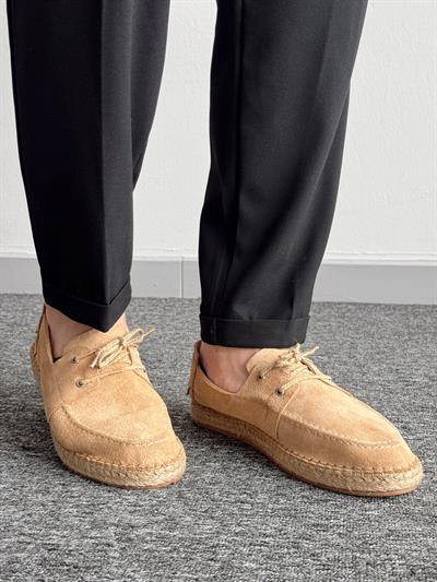 Erkek Premium Kalite Süet Deri Hasır Bağcık Detay Loafer Ayakkabı-Bej(E1346)