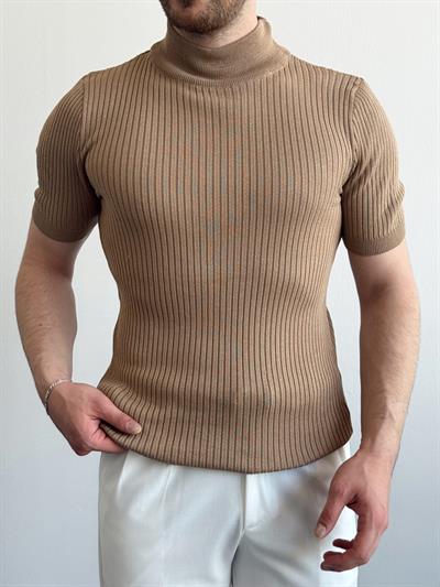Erkek Premium Kalite Yaka Detay Slim Fit Triko T-Shirt-Toprak(E1426)Ketench