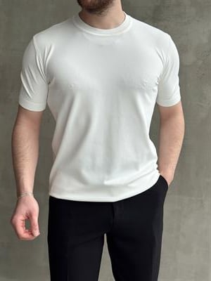 Erkek Premium Model Regular Kalıp Bisiklet Yaka Ribana Detay Triko T-Shirt-Beyaz(E1690)