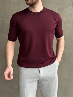 Erkek Premium Model Regular Kalıp Bisiklet Yaka Ribana Detay Triko T-Shirt-Bordo(E1690)Ketench
