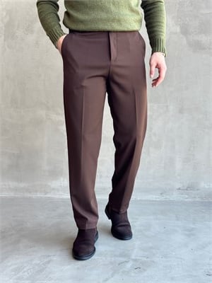 Erkek Premium Yüksek Kalite Beli Ekstra Lastikli Düğme ve Kopça Detaylı Regular Kalıp Kışlık Gabardin Kumaş Pantolon-Kahverengi(E1869)