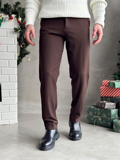 Erkek Premium Yüksek Kalite Beli Lastikli Düğme Ve Kopça Detaylı Regular Kalıp Kışlık Gabardin Kumaş Pantolon-Kahverengi(E1521)