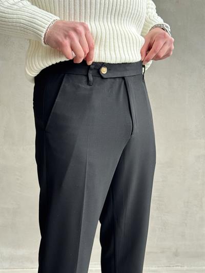 Erkek Premium Yüksek Kalite Beli Lastikli Düğme Ve Kopça Detaylı Regular Kalıp Yazlık Gabardin Kumaş Pantolon-Siyah(E1595)