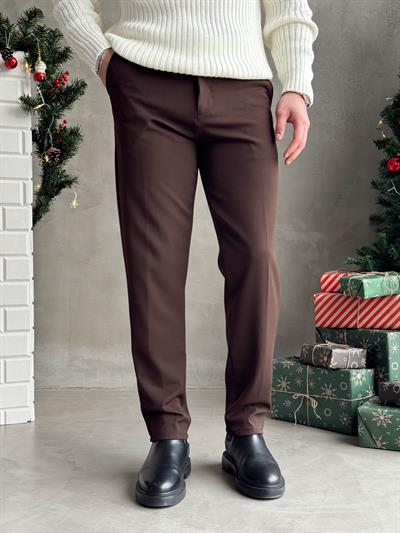 Erkek Premium Yüksek Kalite Beli Lastikli Düğme Ve Kopça Detaylı Regular Kalıp Kışlık Gabardin Kumaş Pantolon-Kahverengi(E1521)