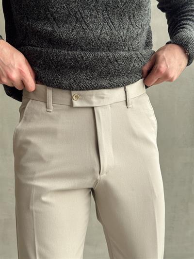 Erkek Premium Yüksek Kalite Beli Lastikli Düğme Ve Kopça Detaylı Regular Kalıp Kışlık Gabardin Kumaş Pantolon-Bej(E1521)