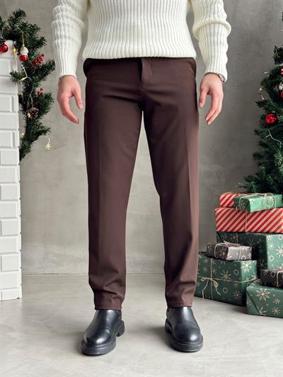 Erkek Premium Yüksek Kalite Beli Lastikli Düğme Ve Kopça Detaylı Regular Kalıp Kışlık Gabardin Kumaş Pantolon-Kahverengi(E1521)
