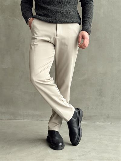 Erkek Premium Yüksek Kalite Beli Lastikli Düğme Ve Kopça Detaylı Regular Kalıp Kışlık Gabardin Kumaş Pantolon-Bej(E1521)