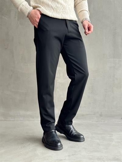 Erkek Premium Yüksek Kalite Beli Lastikli Düğme Ve Kopça Detaylı Regular Kalıp Kışlık Gabardin Kumaş Pantolon-Siyah(E1521)