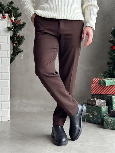 Erkek Premium Yüksek Kalite Beli Lastikli Düğme Ve Kopça Detaylı Regular Kalıp Kışlık Gabardin Kumaş Pantolon-Kahverengi(E1521)