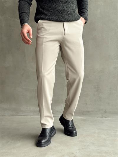Erkek Premium Yüksek Kalite Beli Lastikli Düğme Ve Kopça Detaylı Regular Kalıp Kışlık Gabardin Kumaş Pantolon-Bej(E1521)