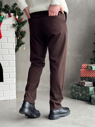 Erkek Premium Yüksek Kalite Beli Lastikli Düğme Ve Kopça Detaylı Regular Kalıp Kışlık Gabardin Kumaş Pantolon-Kahverengi(E1521)