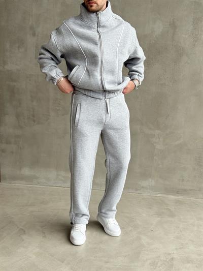 Erkek Premium Yüksek Kalite Oversize Kalıp Şardonlu Lastik Ribana 3 İplik Sweat Eşofman Takım-Gri(E1474)