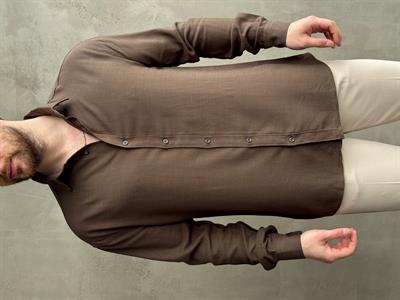 Erkek Premium Yüksek Kalite Oversize Kalıp Düz Model Gramajı Yüksek Keten Kumaş Gömlek-Kahverengi(E1692)