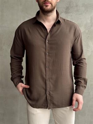 Erkek Premium Yüksek Kalite Oversize Kalıp Düz Model Gramajı Yüksek Keten Kumaş Gömlek-Kahverengi(E1692)Ketench