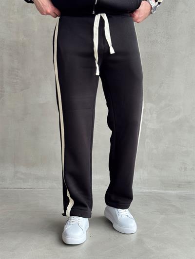 Erkek Premium Yüksek Kalite Oversize Kalıp Şardonlu Lastik Ribana 3 İplik Hasır Şerit Detaylı Sweat Eşofman Takım-Siyah(E1476)