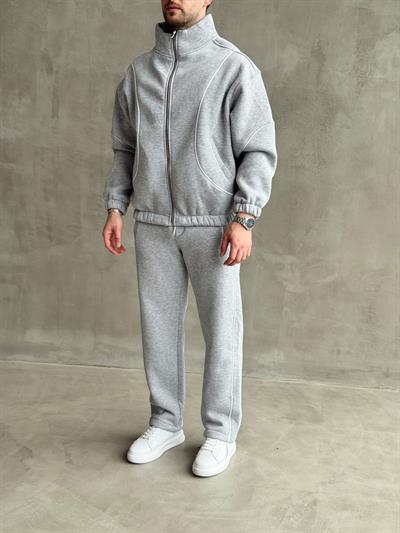 Erkek Premium Yüksek Kalite Oversize Kalıp Şardonlu Lastik Ribana 3 İplik Sweat Eşofman Takım-Gri(E1474)