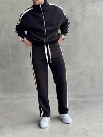 Erkek Premium Yüksek Kalite Oversize Kalıp Şardonlu Lastik Ribana 3 İplik Hasır Şerit Detaylı Sweat Eşofman Takım-Siyah(E1476)