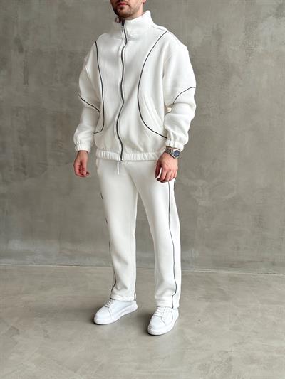 Erkek Premium Yüksek Kalite Oversize Kalıp Şardonlu Lastik Ribana 3 İplik Sweat Eşofman Takım-Beyaz(E1474)