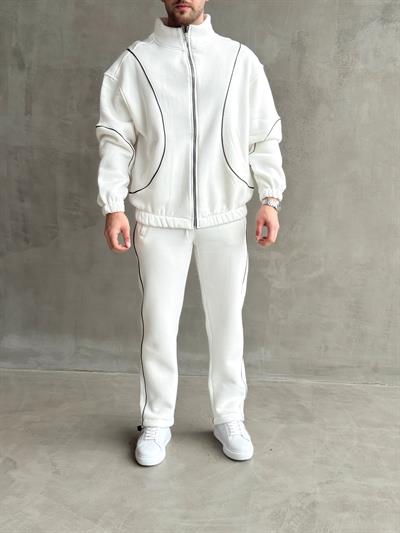 Erkek Premium Yüksek Kalite Oversize Kalıp Şardonlu Lastik Ribana 3 İplik Sweat Eşofman Takım-Beyaz(E1474)