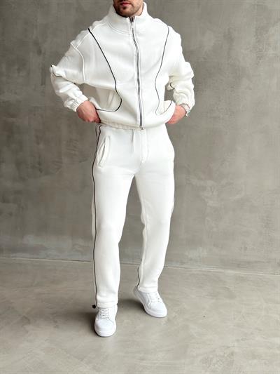 Erkek Premium Yüksek Kalite Oversize Kalıp Şardonlu Lastik Ribana 3 İplik Sweat Eşofman Takım-Beyaz(E1474)