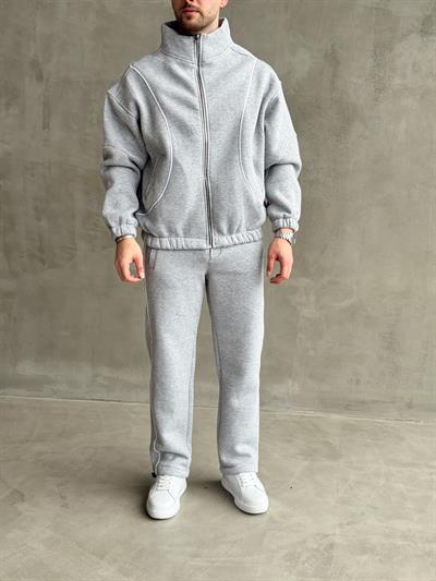 Erkek Premium Yüksek Kalite Oversize Kalıp Şardonlu Lastik Ribana 3 İplik Sweat Eşofman Takım-Gri(E1474)