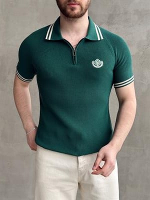 Erkek Premium Yüksek Kalite Regular Kalıp Fermuar Detaylı Nakışlı Triko T-Shirt-Petrol(E1669)
