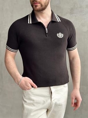 Erkek Premium Yüksek Kalite Regular Kalıp Fermuar Detaylı Nakışlı Triko T-Shirt-Kahverengi(E1669)